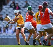7 August 2022; Dervla Cosgrove of Antrim scores her side's seccond goal during the Glen Dimplex All-Ireland Premier Junior Camogie Championship Final match between Antrim and Armagh at Croke Park in Dublin. Photo by Piaras Ó Mídheach/Sportsfile