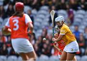 7 August 2022; Dervla Cosgrove of Antrim shoots to score her side's third goal during the Glen Dimplex All-Ireland Premier Junior Camogie Championship Final match between Antrim and Armagh at Croke Park in Dublin. Photo by Piaras Ó Mídheach/Sportsfile
