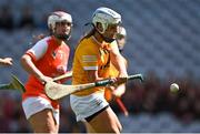 7 August 2022; Dervla Cosgrove of Antrim shoots to score her third goal, her side's fourth, during the Glen Dimplex All-Ireland Premier Junior Camogie Championship Final match between Antrim and Armagh at Croke Park in Dublin. Photo by Piaras Ó Mídheach/Sportsfile