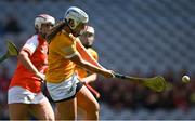 7 August 2022; Dervla Cosgrove of Antrim shoots to score her third goal, her side's fourth, during the Glen Dimplex All-Ireland Premier Junior Camogie Championship Final match between Antrim and Armagh at Croke Park in Dublin. Photo by Piaras Ó Mídheach/Sportsfile