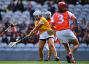 7 August 2022; Dervla Cosgrove of Antrim shoots to score her side's third goal during the Glen Dimplex All-Ireland Premier Junior Camogie Championship Final match between Antrim and Armagh at Croke Park in Dublin. Photo by Piaras Ó Mídheach/Sportsfile