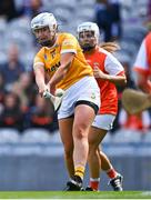 7 August 2022; Dervla Cosgrove of Antrim shoots to score her side's third goal during the Glen Dimplex All-Ireland Premier Junior Camogie Championship Final match between Antrim and Armagh at Croke Park in Dublin. Photo by Piaras Ó Mídheach/Sportsfile