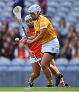 7 August 2022; Dervla Cosgrove of Antrim shoots to score her side's third goal during the Glen Dimplex All-Ireland Premier Junior Camogie Championship Final match between Antrim and Armagh at Croke Park in Dublin. Photo by Piaras Ó Mídheach/Sportsfile
