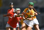 7 August 2022; Caitlin Crawford of Antrim is tackled by Corina Doyle of Armagh during the Glen Dimplex All-Ireland Premier Junior Camogie Championship Final match between Antrim and Armagh at Croke Park in Dublin. Photo by Piaras Ó Mídheach/Sportsfile