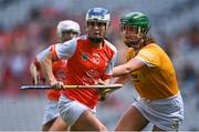 7 August 2022; Jennifer Curry of Armagh in action against Caitlin Crawford of Antrim during the Glen Dimplex All-Ireland Premier Junior Camogie Championship Final match between Antrim and Armagh at Croke Park in Dublin. Photo by Piaras Ó Mídheach/Sportsfile