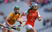 7 August 2022; Jennifer Curry of Armagh in action against Caitlin Crawford of Antrim during the Glen Dimplex All-Ireland Premier Junior Camogie Championship Final match between Antrim and Armagh at Croke Park in Dublin. Photo by Piaras Ó Mídheach/Sportsfile