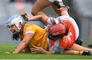 7 August 2022; Dervla Cosgrove of Antrim celebrates after scoring her side's fifth goal, and her fourth goal, during the Glen Dimplex All-Ireland Premier Junior Camogie Championship Final match between Antrim and Armagh at Croke Park in Dublin. Photo by Seb Daly/Sportsfile