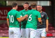 6 August 2022; Republic of Ireland players from left, Stephen Chambers, Mikey Fox, AJ O'Connor and Eoin Hayes after the Amateur International match between Republic of Ireland and Wales at Turner's Cross in Cork. Photo by Michael P Ryan/Sportsfile