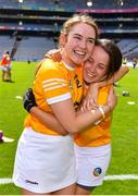 7 August 2022; Bronach Magill, left, and Tara O’Neill of Antrim celebrate after their side's victory in the Glen Dimplex All-Ireland Premier Junior Camogie Championship Final match between Antrim and Armagh at Croke Park in Dublin. Photo by Seb Daly/Sportsfile
