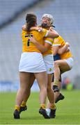 7 August 2022; Dervla Cosgrove, right, and Sinead Cosgrave of Antrim celebrate after their side's victory in the Glen Dimplex All-Ireland Premier Junior Camogie Championship Final match between Antrim and Armagh at Croke Park in Dublin. Photo by Seb Daly/Sportsfile