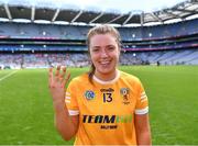 7 August 2022; Dervla Cosgrove of Antrim, who scored four goals, celebrates after her side's victory in the Glen Dimplex All-Ireland Premier Junior Camogie Championship Final match between Antrim and Armagh at Croke Park in Dublin. Photo by Piaras Ó Mídheach/Sportsfile