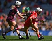 7 August 2022; Lauren Callanan of Cork in action against Galway players Ally Hesnan, left, and Caoimhe Starr during the Glen Dimplex All-Ireland Intermediate Camogie Championship Final match between Cork and Galway at Croke Park in Dublin. Photo by Piaras Ó Mídheach/Sportsfile