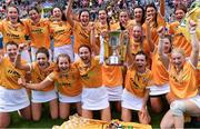 7 August 2022; Antrim players celebrate after their side's victory in the Glen Dimplex All-Ireland Premier Junior Camogie Championship Final match between Antrim and Armagh at Croke Park in Dublin. Photo by Piaras Ó Mídheach/Sportsfile