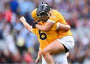 7 August 2022; Antrim players Eilis Kearns, right, and Megan McGarry celebrate after their side's victory in the Glen Dimplex All-Ireland Premier Junior Camogie Championship Final match between Antrim and Armagh at Croke Park in Dublin. Photo by Piaras Ó Mídheach/Sportsfile