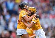 7 August 2022; Antrim players Megan McGarry, right, and Eilis Kearns celebrate after their side's victory in the Glen Dimplex All-Ireland Premier Junior Camogie Championship Final match between Antrim and Armagh at Croke Park in Dublin. Photo by Piaras Ó Mídheach/Sportsfile