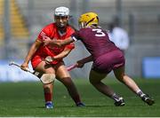 7 August 2022; Lauren Homan of Cork in action against Ciara Donohue of Galway during the Glen Dimplex All-Ireland Intermediate Camogie Championship Final match between Cork and Galway at Croke Park in Dublin. Photo by Piaras Ó Mídheach/Sportsfile