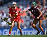 7 August 2022; Cliona O’Callaghan of Cork in action against Caoimhe Starr of Galway during the Glen Dimplex All-Ireland Intermediate Camogie Championship Final match between Cork and Galway at Croke Park in Dublin. Photo by Piaras Ó Mídheach/Sportsfile