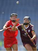 7 August 2022; Laura Loughnane of Galway in action against Ashling Moloney of Cork during the Glen Dimplex All-Ireland Intermediate Camogie Championship Final match between Cork and Galway at Croke Park in Dublin. Photo by Seb Daly/Sportsfile