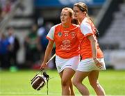 7 August 2022; Armagh players Eimear Smyth, left, and Katie Comiskey after their side's defeat in the Glen Dimplex All-Ireland Premier Junior Camogie Championship Final match between Antrim and Armagh at Croke Park in Dublin. Photo by Piaras Ó Mídheach/Sportsfile