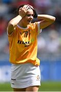 7 August 2022; Fionnuala Kelly of Antrim celebrates after her side's victory in the Glen Dimplex All-Ireland Premier Junior Camogie Championship Final match between Antrim and Armagh at Croke Park in Dublin. Photo by Piaras Ó Mídheach/Sportsfile