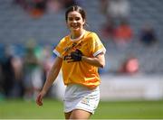 7 August 2022; Fionnuala Kelly of Antrim celebrates after her side's victory in the Glen Dimplex All-Ireland Premier Junior Camogie Championship Final match between Antrim and Armagh at Croke Park in Dublin. Photo by Piaras Ó Mídheach/Sportsfile