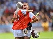 7 August 2022; Armagh players Eimear Smyth, right, and Rachael Merry after their side's defeat in the Glen Dimplex All-Ireland Premier Junior Camogie Championship Final match between Antrim and Armagh at Croke Park in Dublin. Photo by Piaras Ó Mídheach/Sportsfile