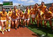 7 August 2022; Antrim players celebrate after their side's victory in the Glen Dimplex All-Ireland Premier Junior Camogie Championship Final match between Antrim and Armagh at Croke Park in Dublin. Photo by Piaras Ó Mídheach/Sportsfile