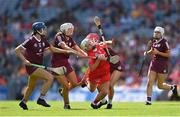 7 August 2022; Lauren Callanan of Cork in action against Lisa Casserly, left, and Ciara Hickey of Galway during the Glen Dimplex All-Ireland Intermediate Camogie Championship Final match between Cork and Galway at Croke Park in Dublin. Photo by Seb Daly/Sportsfile