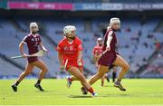 7 August 2022; Lauren Homan of Cork in action against Katie Anna Porter of Galway during the Glen Dimplex All-Ireland Intermediate Camogie Championship Final match between Cork and Galway at Croke Park in Dublin. Photo by Seb Daly/Sportsfile