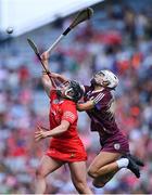 7 August 2022; Michelle Murphy of Cork in action against Olwen Rabbitte of Galway during the Glen Dimplex All-Ireland Intermediate Camogie Championship Final match between Cork and Galway at Croke Park in Dublin. Photo by Piaras Ó Mídheach/Sportsfile