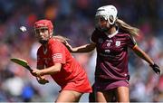 7 August 2022; Hayley Ryan of Cork in action against Ally Hesnan of Galway during the Glen Dimplex All-Ireland Intermediate Camogie Championship Final match between Cork and Galway at Croke Park in Dublin. Photo by Piaras Ó Mídheach/Sportsfile