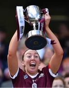 7 August 2022; Galway captain Lisa Casserly lifts Jack McGrath Cup after her side's victory in the Glen Dimplex All-Ireland Intermediate Camogie Championship Final match between Cork and Galway at Croke Park in Dublin. Photo by Piaras Ó Mídheach/Sportsfile