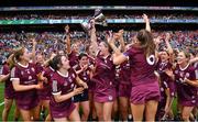 7 August 2022; Galway players celebrates with the Jack McGrath Cup after their side's victory in the Glen Dimplex All-Ireland Intermediate Camogie Championship Final match between Cork and Galway at Croke Park in Dublin. Photo by Seb Daly/Sportsfile