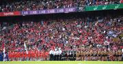 7 August 2022; A view of spectators as the players and officials line up before the Glen Dimplex All-Ireland Senior Camogie Championship Final match between Cork and Kilkenny at Croke Park in Dublin. Photo by Seb Daly/Sportsfile