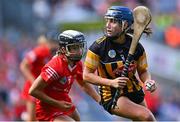7 August 2022; Mary O'Connell of Kilkenny in action against Saoirse McCarthy of Cork during the Glen Dimplex All-Ireland Senior Camogie Championship Final match between Cork and Kilkenny at Croke Park in Dublin. Photo by Piaras Ó Mídheach/Sportsfile