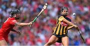 7 August 2022; Katie Power of Kilkenny in action against Ashling Thompson of Cork during the Glen Dimplex All-Ireland Senior Camogie Championship Final match between Cork and Kilkenny at Croke Park in Dublin. Photo by Piaras Ó Mídheach/Sportsfile