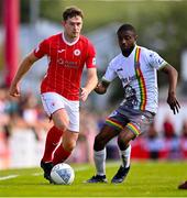 7 August 2022; Karl O'Sullivan of Sligo Rovers in action against Junior Ogedi-Uzokwe of Bohemians during the SSE Airtricity League Premier Division match between Sligo Rovers and Bohemians at The Showgrounds in Sligo. Photo by Ben McShane/Sportsfile