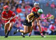 7 August 2022; Miriam Walsh of Kilkenny in action against Libby Coppinger, left, and Meabh Cahalane of Cork during the Glen Dimplex All-Ireland Senior Camogie Championship Final match between Cork and Kilkenny at Croke Park in Dublin. Photo by Piaras Ó Mídheach/Sportsfile