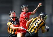7 August 2022; Ashling Thompson of Cork in action against Kilkenny players Julianne Malone, left, and Niamh Deely during the Glen Dimplex All-Ireland Senior Camogie Championship Final match between Cork and Kilkenny at Croke Park in Dublin. Photo by Piaras Ó Mídheach/Sportsfile