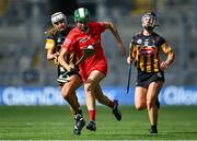 7 August 2022; Hannah Looney of Cork in action against Kilkenny players Michaela Kenneally, left, and Julianne Malone during the Glen Dimplex All-Ireland Senior Camogie Championship Final match between Cork and Kilkenny at Croke Park in Dublin. Photo by Piaras Ó Mídheach/Sportsfile