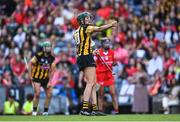 7 August 2022; Denise Gaule of Kilkenny celebrates converting a free during the Glen Dimplex All-Ireland Senior Camogie Championship Final match between Cork and Kilkenny at Croke Park in Dublin. Photo by Seb Daly/Sportsfile
