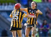 7 August 2022; Kilkenny players Miriam Bambrick, right, and Katie Nolan of Kilkenny celebrate after their side's victory in the Glen Dimplex All-Ireland Senior Camogie Championship Final match between Cork and Kilkenny at Croke Park in Dublin. Photo by Piaras Ó Mídheach/Sportsfile