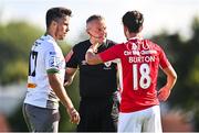 7 August 2022; Referee Ray Matthews in conversation with John O'Sullivan of Bohemians and Robbie Burton of Sligo Rovers during the SSE Airtricity League Premier Division match between Sligo Rovers and Bohemians at The Showgrounds in Sligo. Photo by Ben McShane/Sportsfile
