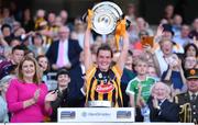 7 August 2022; Kilkenny captain Aoife Prendergast lifts the O'Duffy Cup after her side's victory in the Glen Dimplex All-Ireland Senior Camogie Championship Final match between Cork and Kilkenny at Croke Park in Dublin. Photo by Seb Daly/Sportsfile