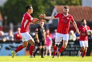 7 August 2022; Max Mata of Sligo Rovers, left, celebrates with teammate Aidan Keena after scoring their side's first goal during the SSE Airtricity League Premier Division match between Sligo Rovers and Bohemians at The Showgrounds in Sligo. Photo by Ben McShane/Sportsfile