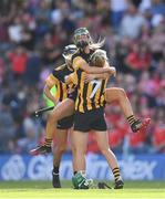7 August 2022; Michelle Teehan, left, and Laura Murphy of Kilkenny celebrate after their side's victory in the Glen Dimplex All-Ireland Senior Camogie Championship Final match between Cork and Kilkenny at Croke Park in Dublin. Photo by Seb Daly/Sportsfile