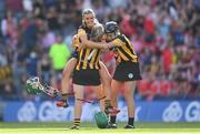7 August 2022; Michelle Teehan, left, Laura Murphy, 7, and Steffi Fitzgerald of Kilkenny celebrate after their side's victory in the Glen Dimplex All-Ireland Senior Camogie Championship Final match between Cork and Kilkenny at Croke Park in Dublin. Photo by Seb Daly/Sportsfile