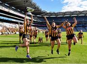 7 August 2022; Kilkeny captain Aoife Prendergast, left, celebrates with the O'Duffy Cup and teammates after their side's victory in the Glen Dimplex All-Ireland Senior Camogie Championship Final match between Cork and Kilkenny at Croke Park in Dublin. Photo by Seb Daly/Sportsfile