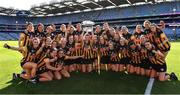 7 August 2022; Kilkenny players celebrate with the O'Duffy Cup after their side's victory in the Glen Dimplex All-Ireland Senior Camogie Championship Final match between Cork and Kilkenny at Croke Park in Dublin. Photo by Seb Daly/Sportsfile