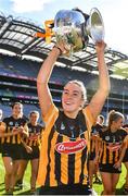 7 August 2022; Kilkenny goalkeeper Aoife Norris celebrates with the O'Duffy Cup after her side's victory in the Glen Dimplex All-Ireland Senior Camogie Championship Final match between Cork and Kilkenny at Croke Park in Dublin. Photo by Seb Daly/Sportsfile